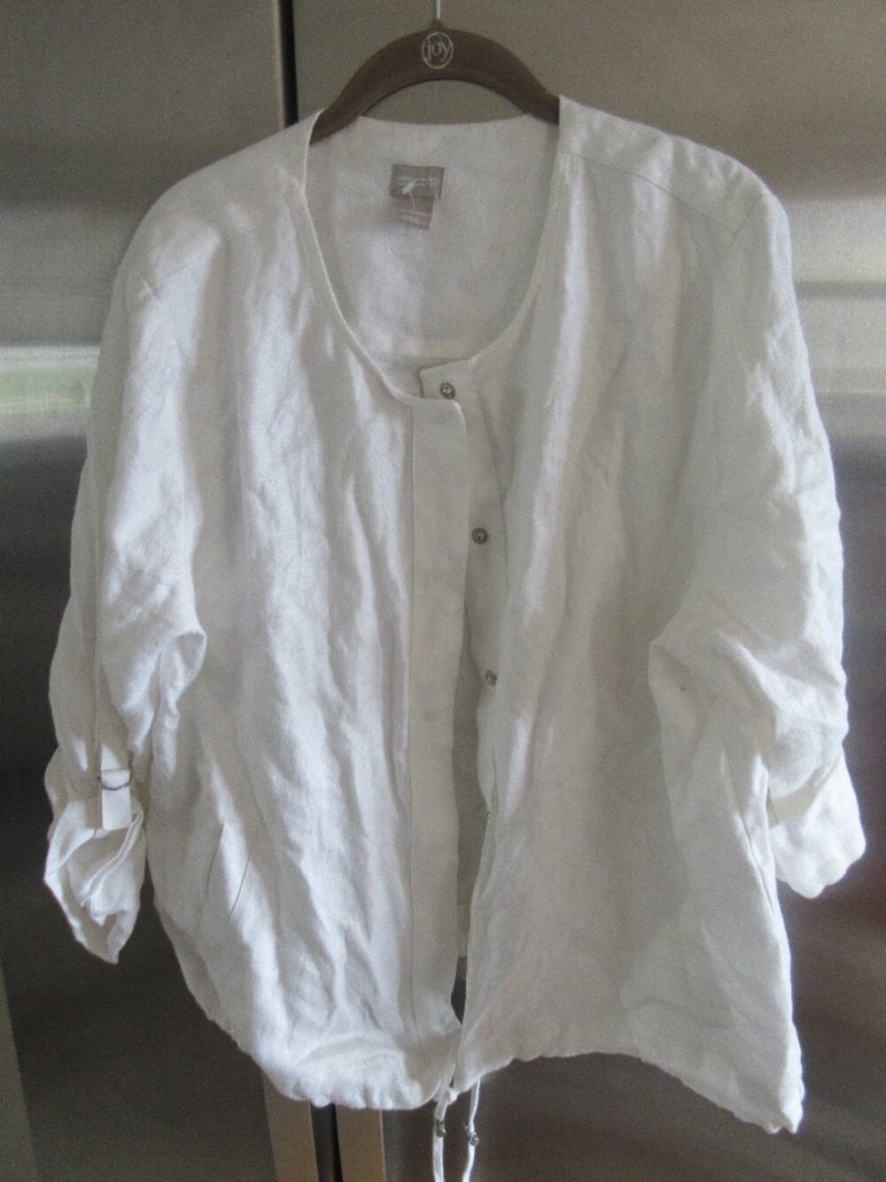Chico’s White woven  Linen 3/4 Sleeve Jacket snaps xl l 3